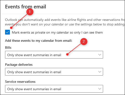 The &quot;Events from email&quot; panel.