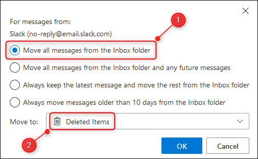 The &quot;Move all messages from the Inbox folder&quot; option.