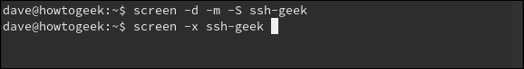screen -X ssh-geek in a terminal window