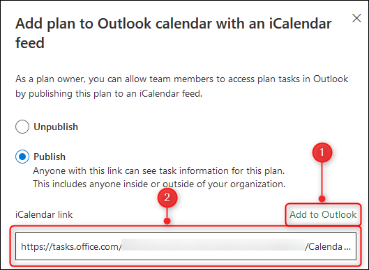 The options to add the planner to your calendar, or copy an iCalendar link.
