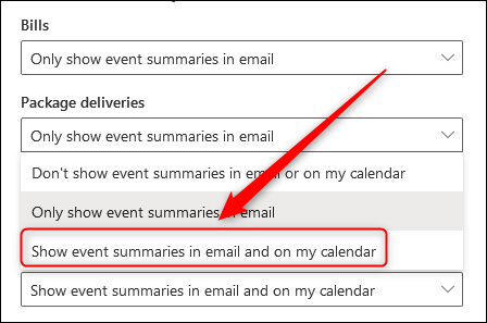 The dropdown displaying the different event summary options.