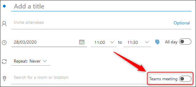 The &quot;Teams meeting&quot; toggle switch in an Outlook Online meeting request.