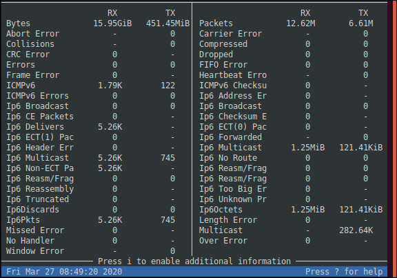 bmon detailed statistics view in a terminal window