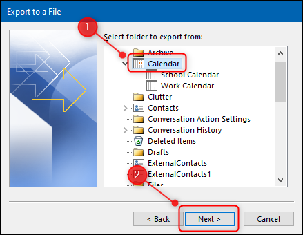 The &quot;Import and Export Wizard&quot; with the Calendar folder highlighted.
