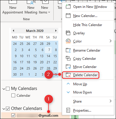 The &quot;Delete Calendar&quot; option.