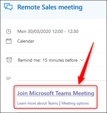An event in the Outlook Online calendar showing the Teams meeting link.