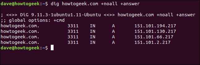 dig howtogeek.com +noall +answer in a terminal window