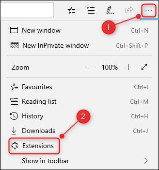 The 3 dots and browser menu in Edge, with the &quot;Extensions&quot; option highlighted.