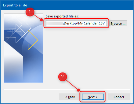 The &quot;Import and Export Wizard&quot; with the file name option highlighted.