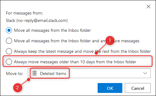 The &quot;Always move messages older than 10 days from the folder&quot; option.