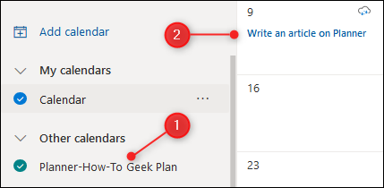 The Planner calendar displayed in Outlook.