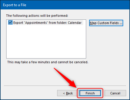 The &quot;Import and Export Wizard&quot; with the &quot;Finish&quot; button highlighted.