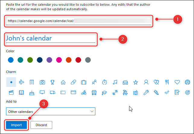 Outlook Online's &quot;Add a calendar&quot; panel.