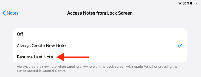 Access Notes from Lock screen options