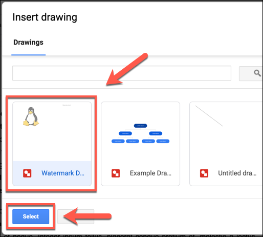 Select your saved Google Drawings image and click Select to add it to your Google Docs document
