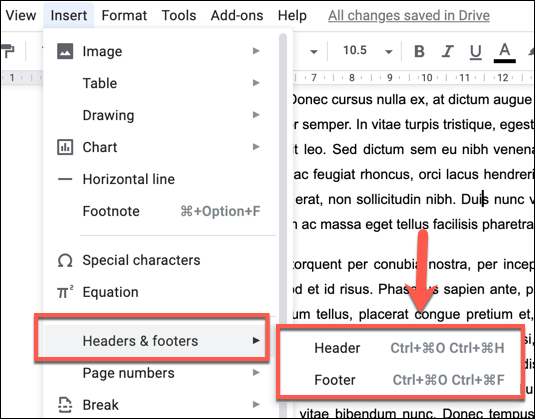 To add a header or footer in Google docs, press Insert &gt; Headers &amp; Footers and click Header or Footer
