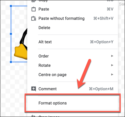 To format an image in Google Drawings, right-click > Format options