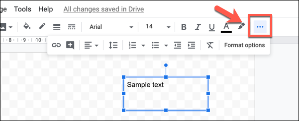 Press the three-dotted &quot;More&quot; button to view all of your text formatting options in Google drawings