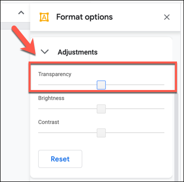 Change the transparency level using the slider in the Format Options > Adjustments tab in Google Drawings