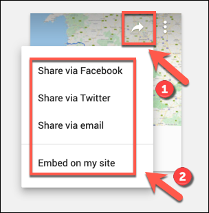 The social sharing options for a custom Google Maps map
