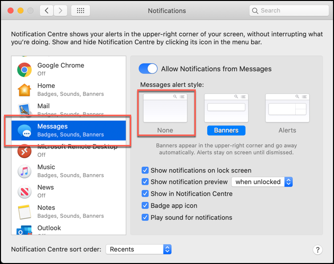 Click Messages > None to disable notification alerts from the Messages app on macOS