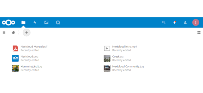 The Nextcloud interface, a collection of file icons on a white background with a blue menu at the top.