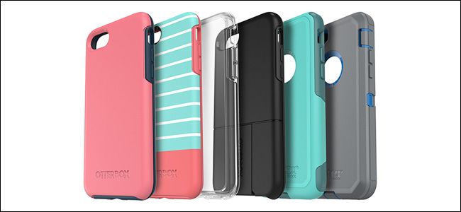 Six Otterbox phone cases in various colors and designs.