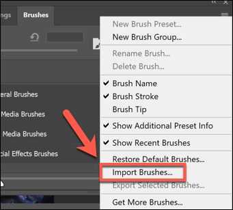 Press the settings menu option button in the Brushes panel, then press Import Brushes to begin importing new brushes