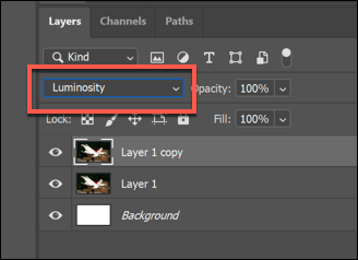 The layer blend mode set to Luminosity in Photoshop from the drop-down menu in the Layers panel