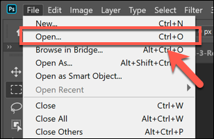 Press File > Open to open a file in Photoshop