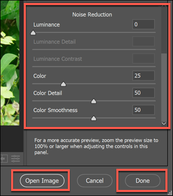 The Noise Reduction options for a RAW image file in the Photoshop Camera Raw options