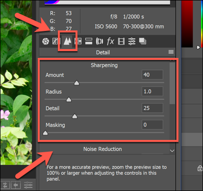 The Sharpening options for an image in the Camera Raw options in Photoshop