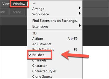 Press Window > Brushes to show the Brushes menu panel in Photoshop