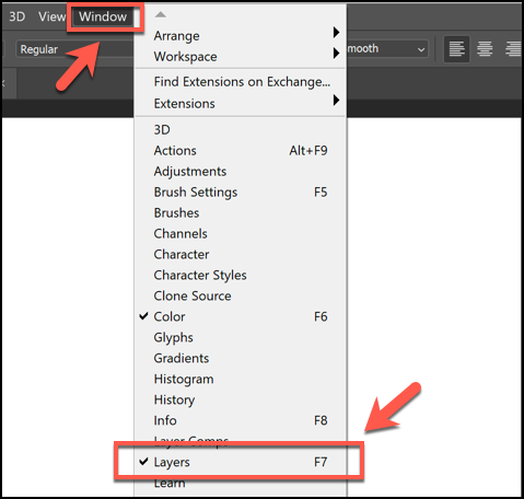 Press Window > Layers to show the Layers panel in Photoshop