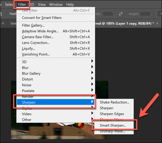 Press Filter &gt; Sharpen &gt; Smart Sharpen to add the smart sharpen filter to images in Photoshop