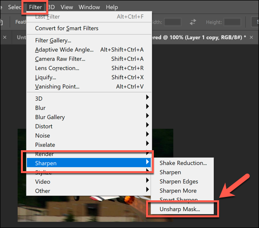 Press Filter > Sharpen > Unsharp Mask to use the unsharp mask filter in Photoshop