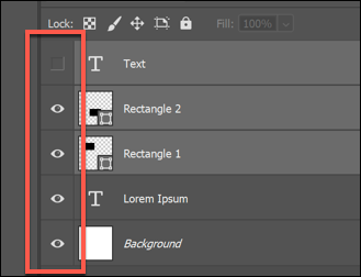 A selection of visible and hidden layers in Photoshop