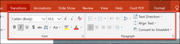 The formatting options for text in PowerPoint under the Home tab on the ribbon bar
