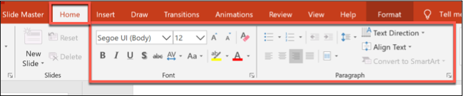 Formatting options in the Home tab in PowerPoint