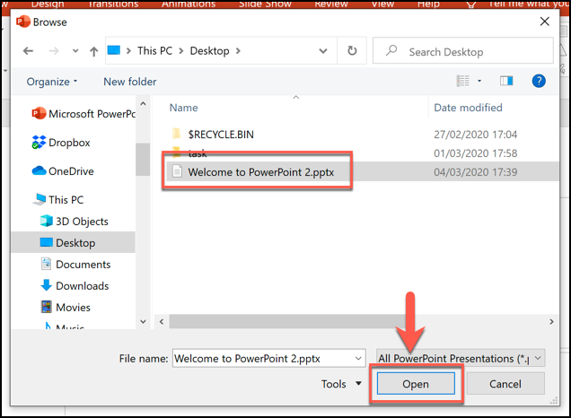 Locate your second PowerPoint file, then press the Open button.