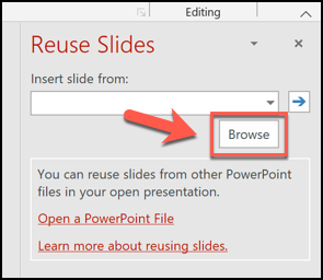 Click the Browse button in the Reuse Slides menu to begin copying slides from another presentation