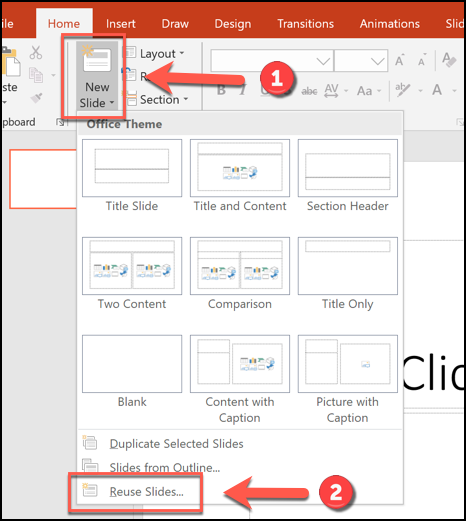 Click Home > New Slide > Reuse Slides in PowerPoint to begin merging files