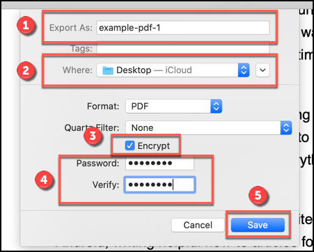 The various options for exporting a PDF document using the Preview app on macOS