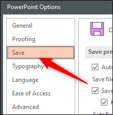 Save tab in Word Options window Office