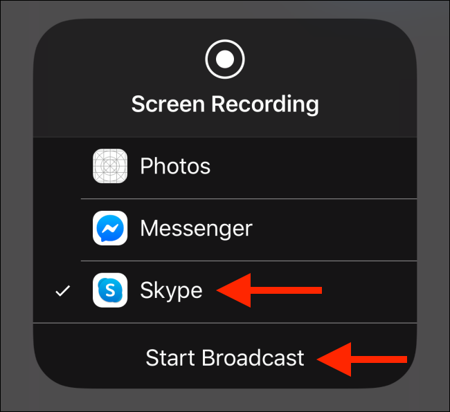 Select Skype and then tap on Start Broadcast button