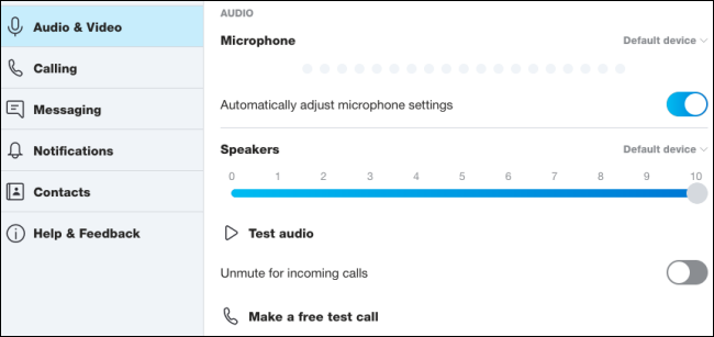 Skype audio and video settings page