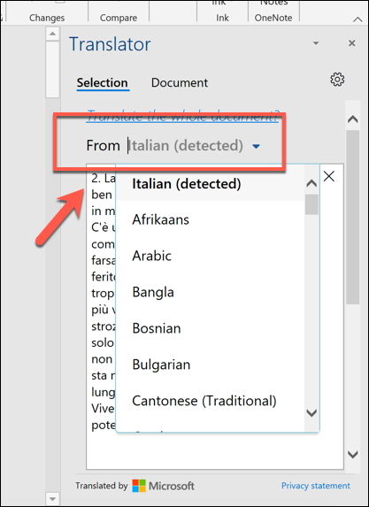 Selecting a language to translate from in the &quot;Translator&quot; options menu in Word