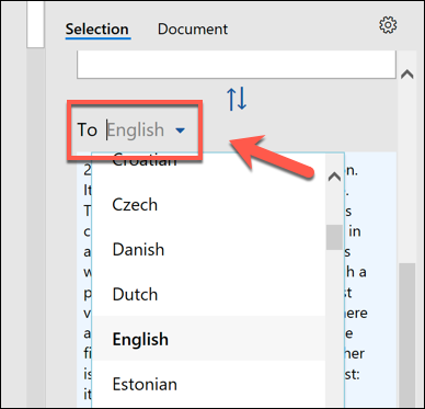 Selecting a language to translate to in the &quot;Translator&quot; options menu in Word