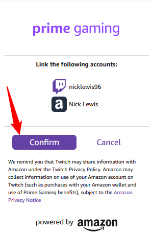 Click &quot;Confirm&quot; to finally link your Twitch and Amazon accounts. 
