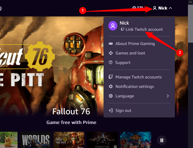 Click your name, then click &quot;Link Twitch Account.&quot;